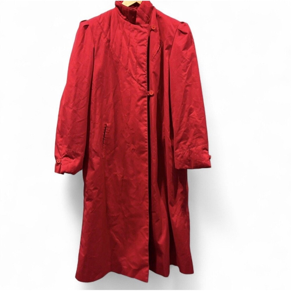 Vintage Statement 70s Red Trench Coat Puff Sleeve Asym Wrap Cotton Blend Size 13